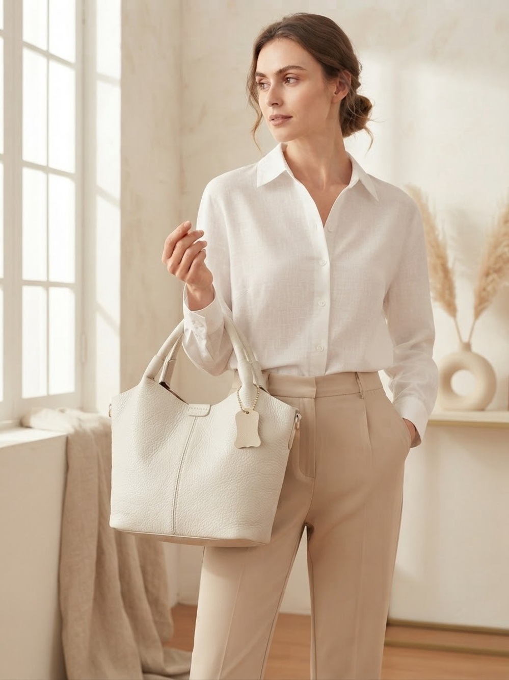 Women's Cream Pebbled Leather Shoulder Bag - Soft Tote